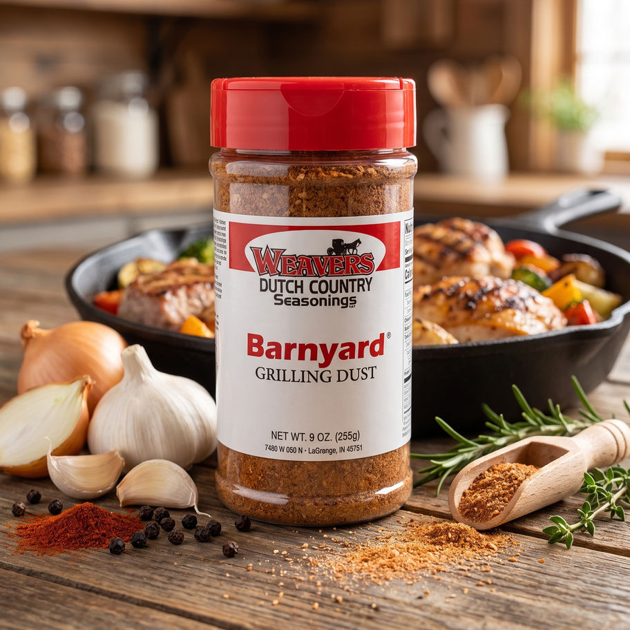 Weavers Barnyard Grilling Dust 9oz on a rustic kitchen table