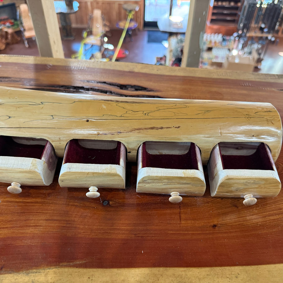 Amish Handcrafted Four-Drawer Cedar Log Jewelry Box opens