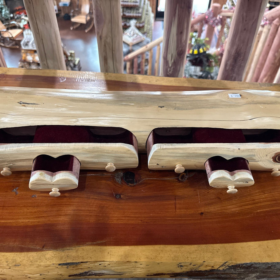Amish hand crafted Cedar log jewelry box with open drawers