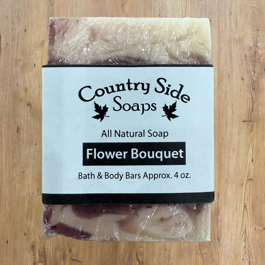 Country Side Flower Bouquet Soap natural bar on wood.