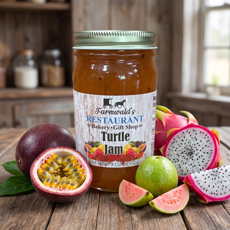 9oz jar of Farmwald's Turtle Jam with tropical fruit