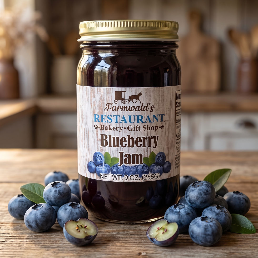 Farmwald's Blueberry Jam 9oz jar with fresh berries.
