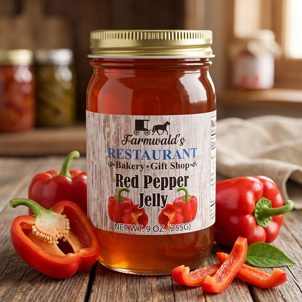 Farmwald's Red Pepper Jelly 9oz jar with fresh peppers.