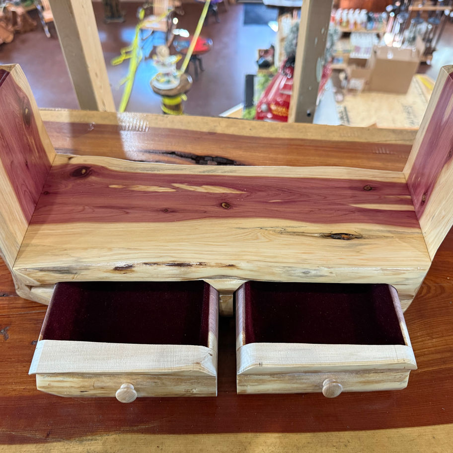 Cedar log desk organizer with two open drawers
