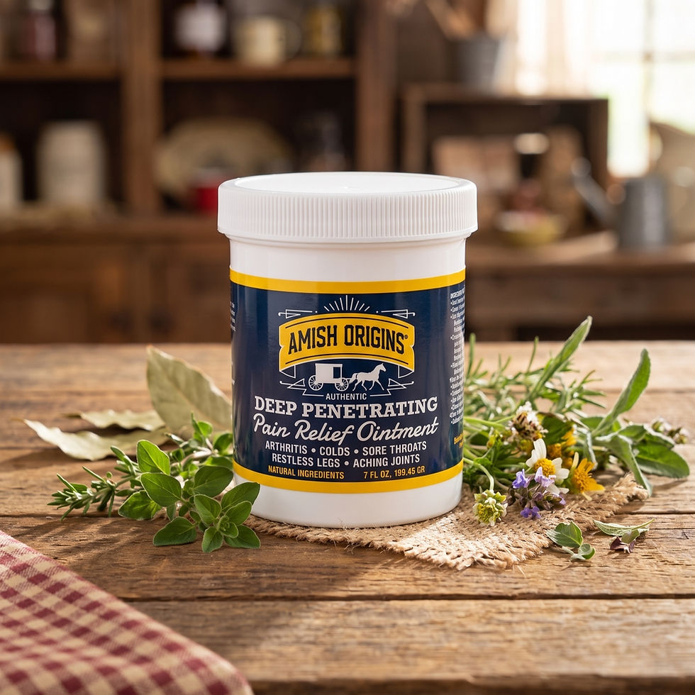 Amish Origins Deep Penetrating Pain Relief Ointment jar on a wooden table with herbs.