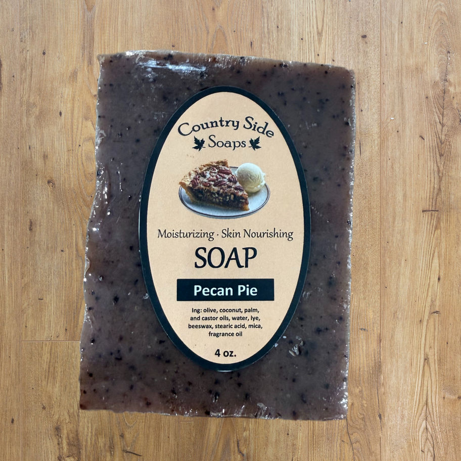 Country Side Pecan Pie Soap bar on a wooden surface.