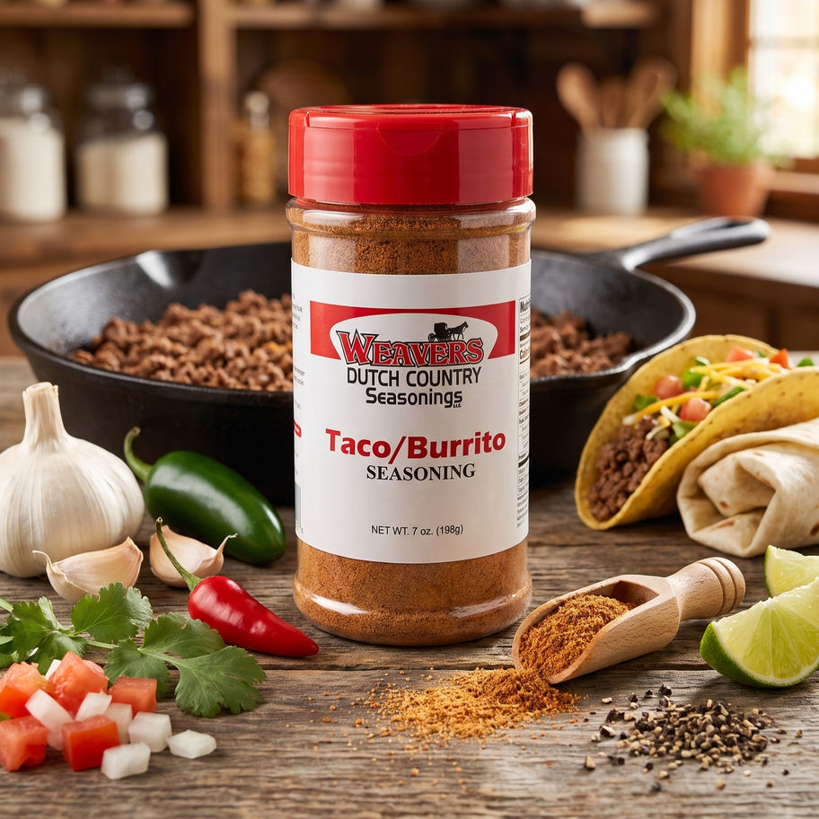 Weavers Taco/Burrito Seasoning 7oz bottle with fresh ingredients
