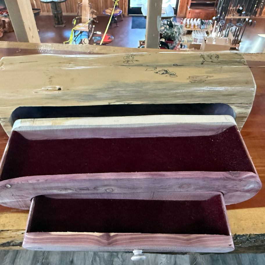 Amish handcrafted cedar jewelry box with open drawers