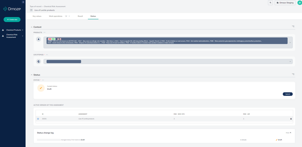 Arbeidsoperasjoner - Modal dialog - Status - Den nye versjonen (kopi) av vurderingen som pågår,Chemical Risk Assessment,ChemiRisk,Assessment,Chemical