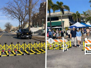 Portable yellow MVB3X vehicle barriers deployed across a roadway in two settings: an open street with a truck nearby and a busy outdoor market with pedestrians and vendor tents.
