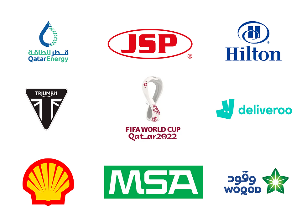 Logos of QatarEnergy, JSP, Hilton, FIFA World Cup 2022, Deliveroo, Triumph, Shell, MSA, and Woqod on a white background.