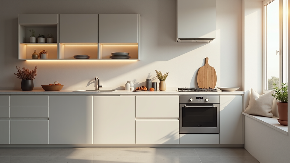 Eye-level view of a modern kitchen with new cabinets and countertops