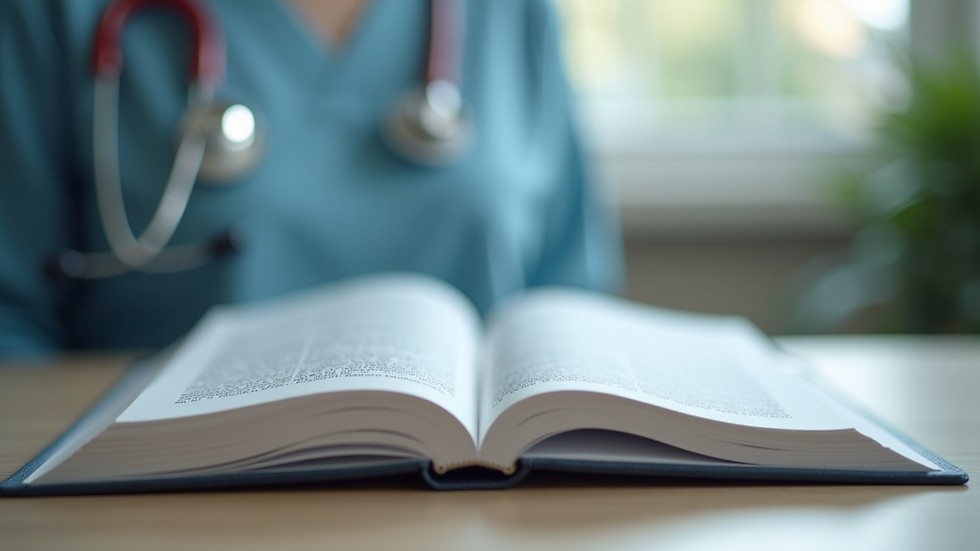 Eye-level view of a nursing textbook open on a desk