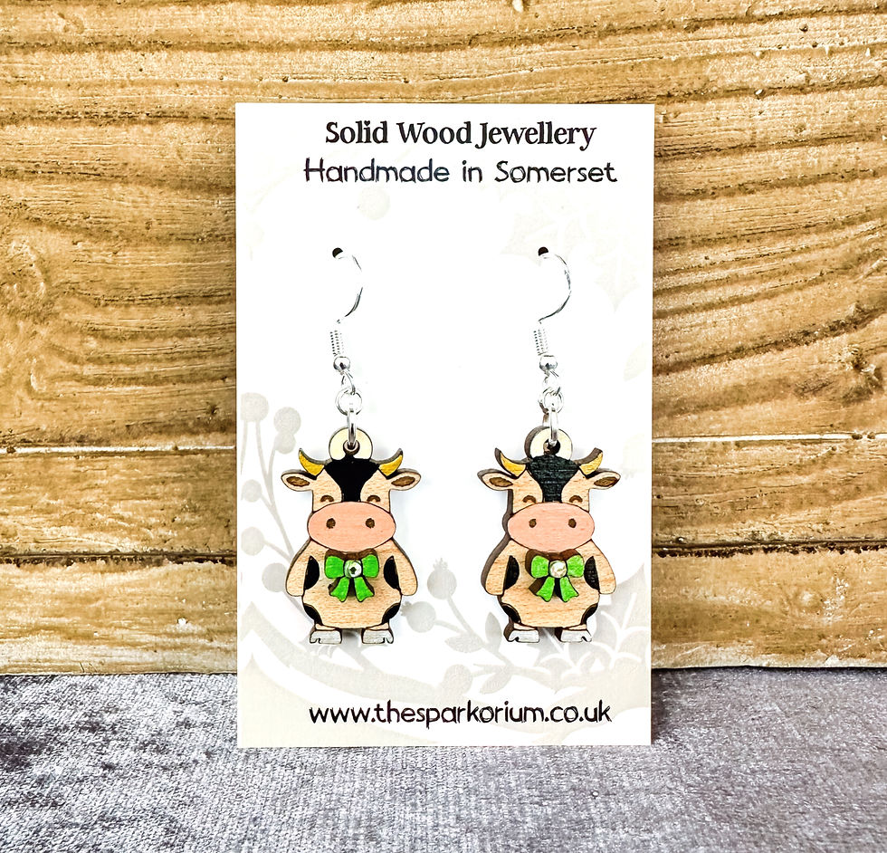 Cow in Bow Tie Solid Wood Dangle Earrings