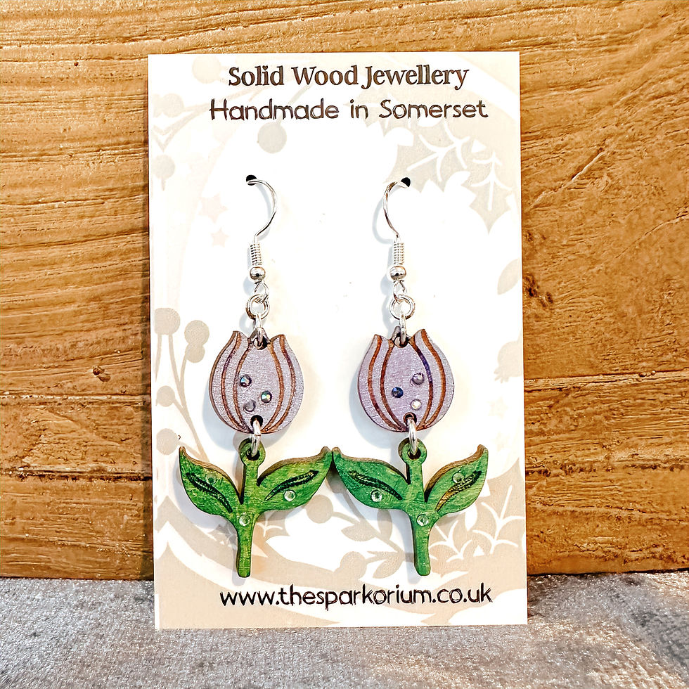 Purple tulip solid wood handcrafted double dangle earrings with sterling silver hooks
