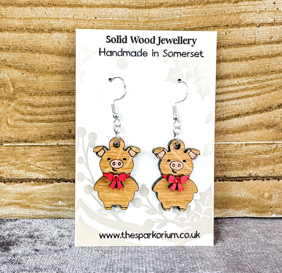 Pig in Bow Tie Solid Wood Dangle Earrings