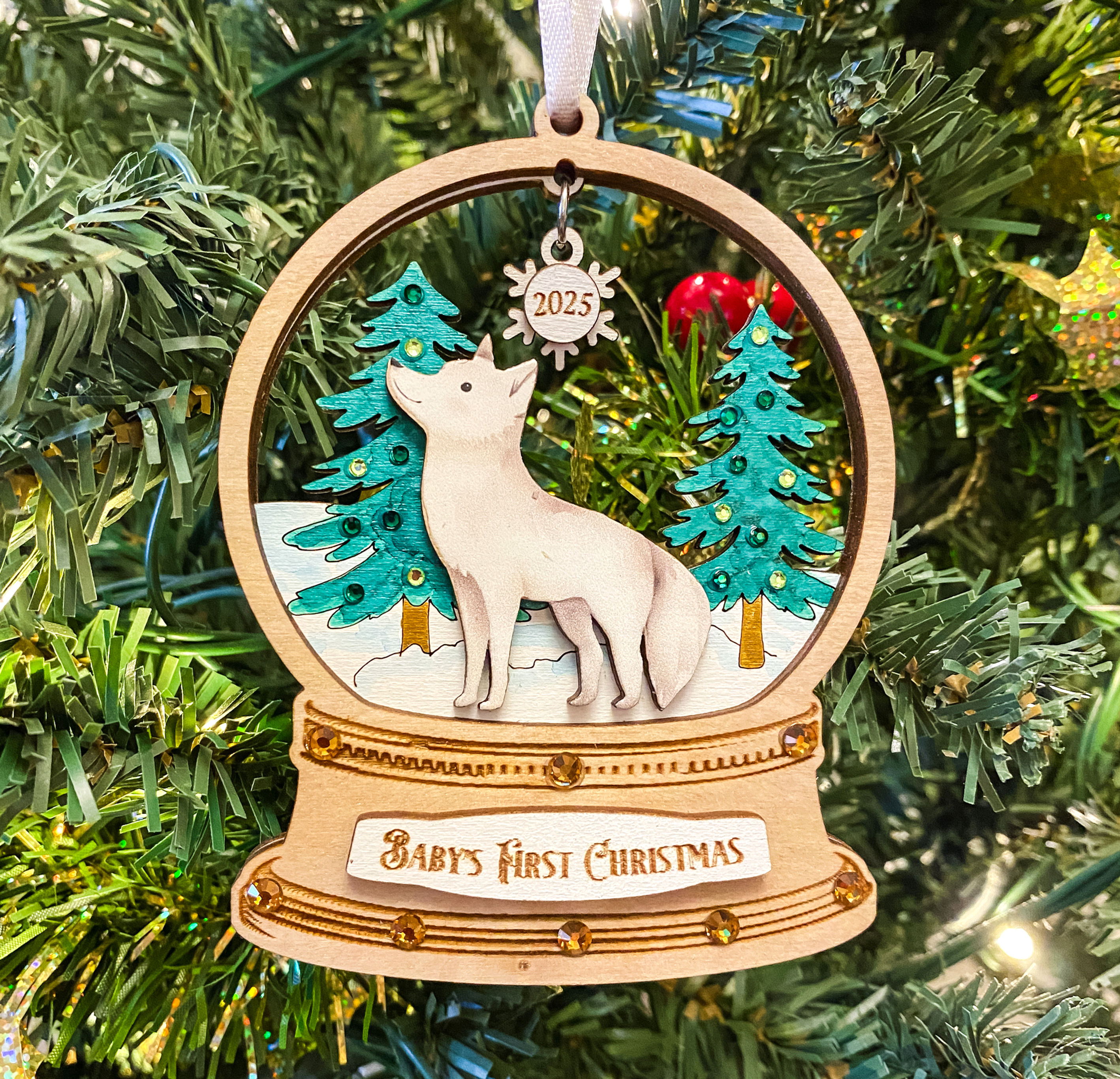 Baby First Christmas Arctic Fox Snowglobe Wooden Decoration