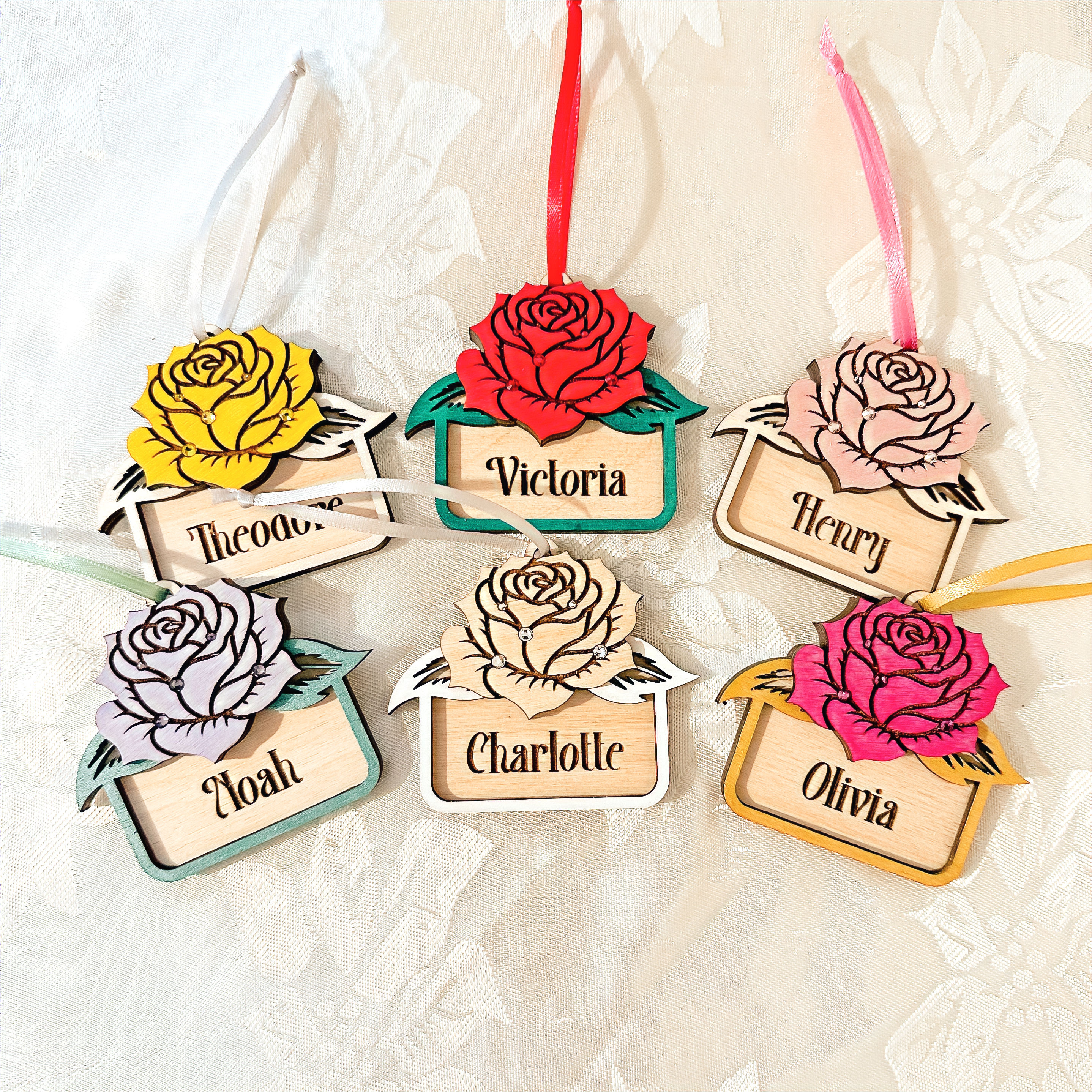 Rose Wooden Personalised Hanging Table Place Name Decoration