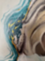 Abstract painting with teal, gold, and cream swirls