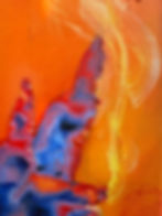Abstract painting with blue and red shapes on orange