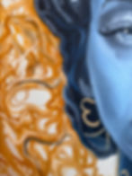 Painting of blue face, orange curls, and golden earring