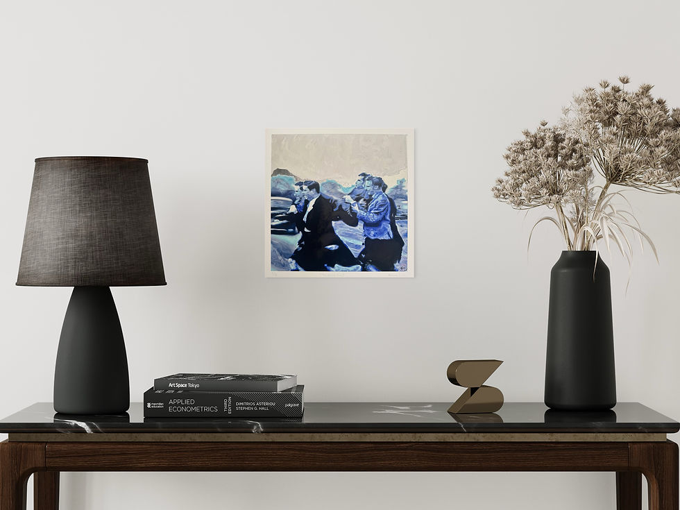 Thumbnail: The Ernest King Giclée Print of 4 men carrying 1 man on their shoulders, on a wall.
