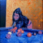 Painting of Amy Winehouse playing billiards, aiming cue stick at balls. Swirling background of gold leaf and orange.
