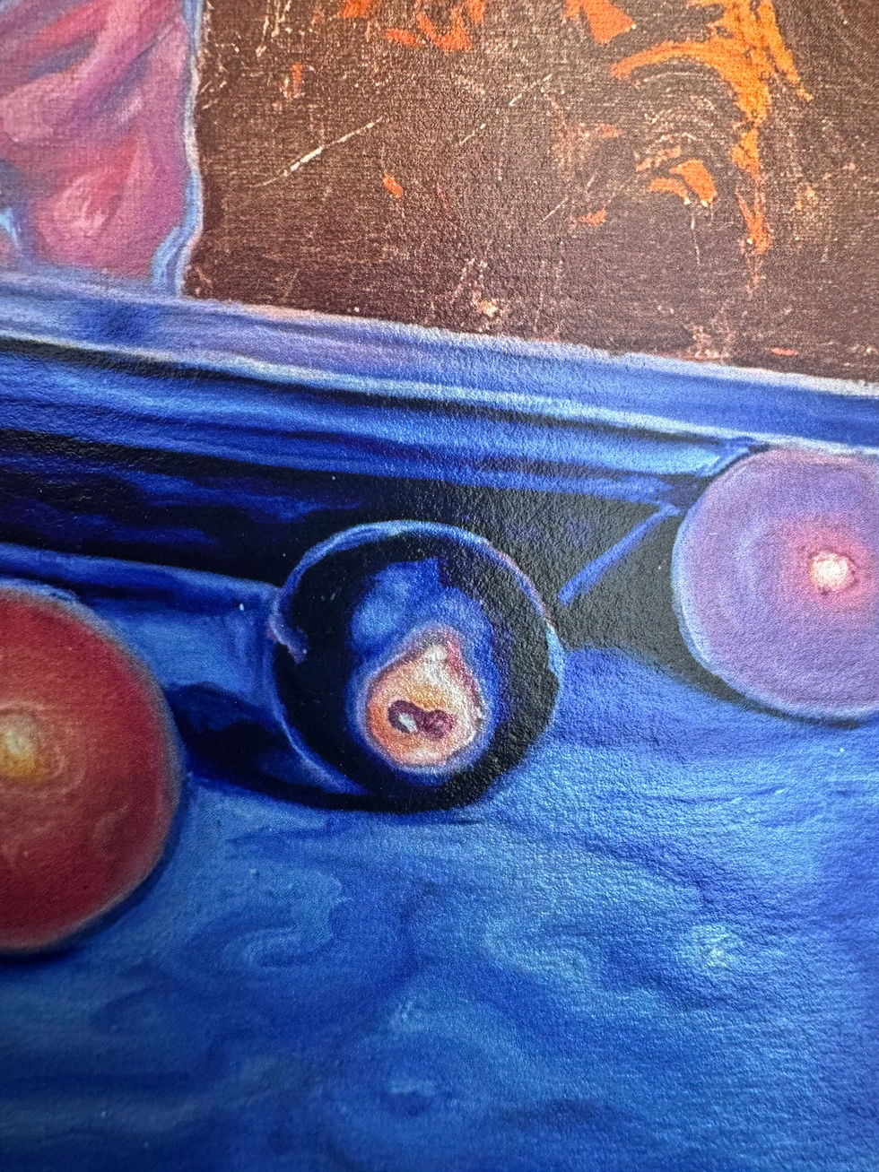 Thumbnail: Detail of a painting in blues with glowing red, blue, and purple objects