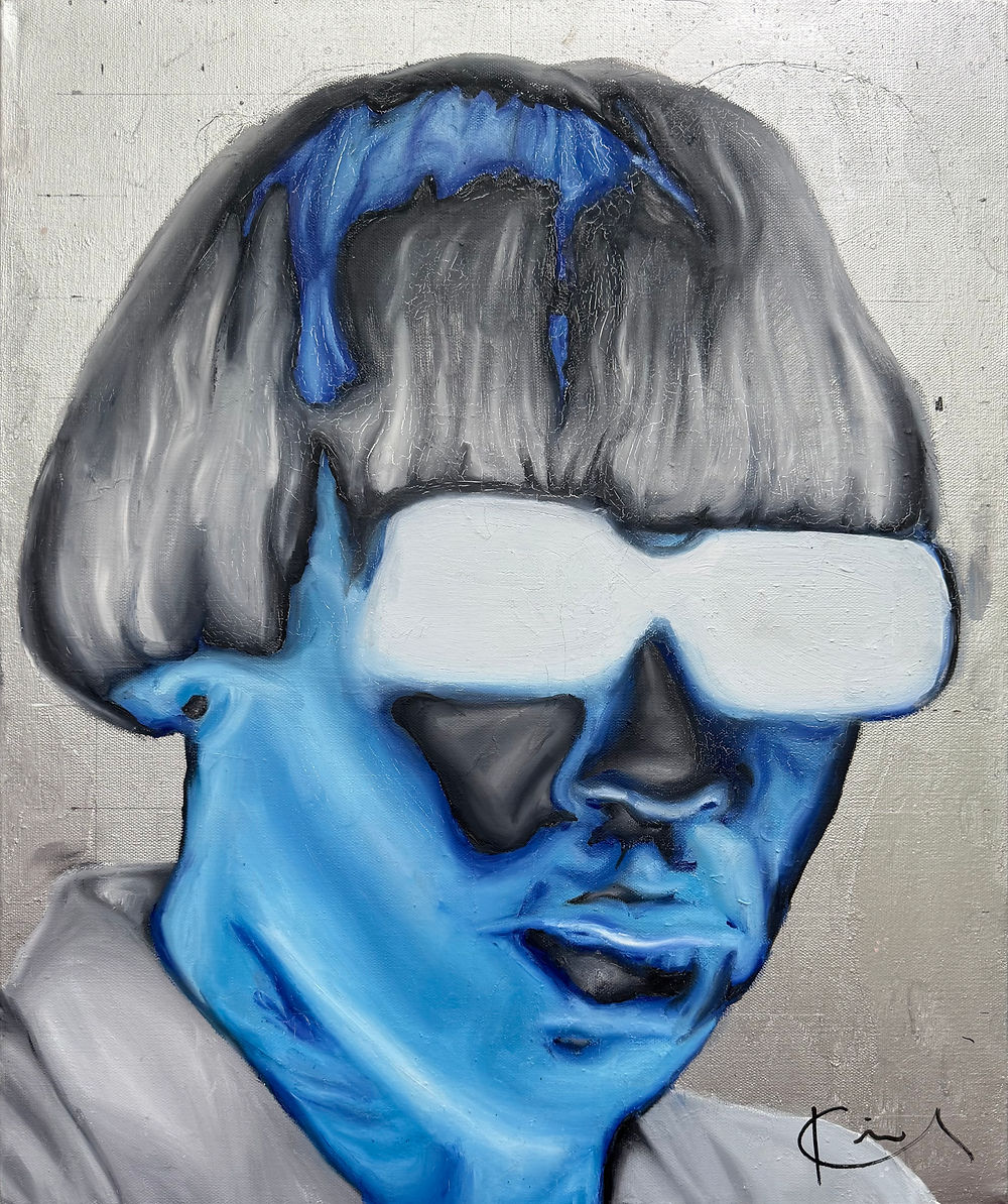 Blue-skinned person with gray bowl cut and white sunglasses. Silver background.