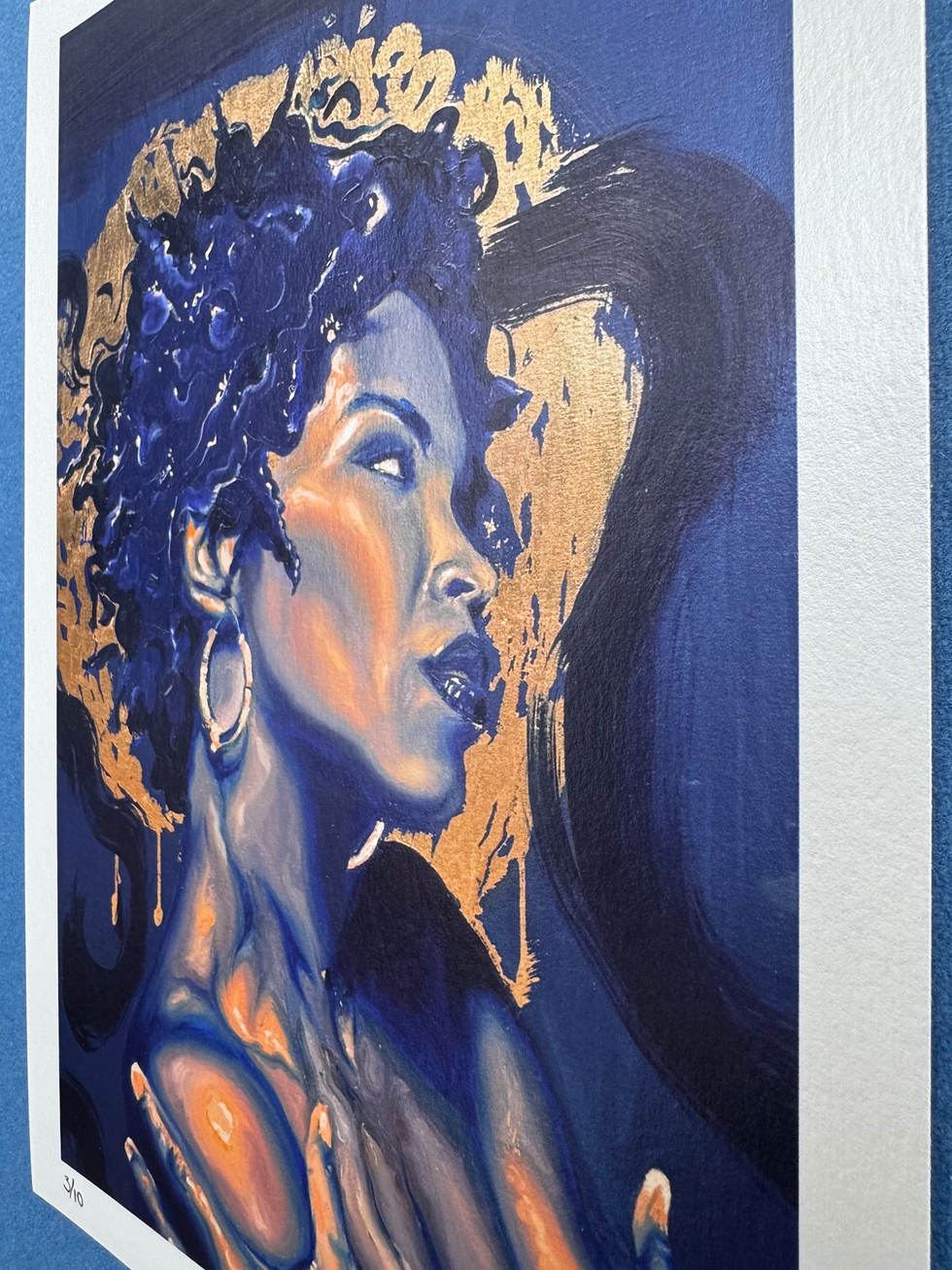 Thumbnail: Lauryn Hill print: woman with blue curly hair, gold accent