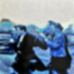 Stylised painting of four men carrying one man over their shoulders.