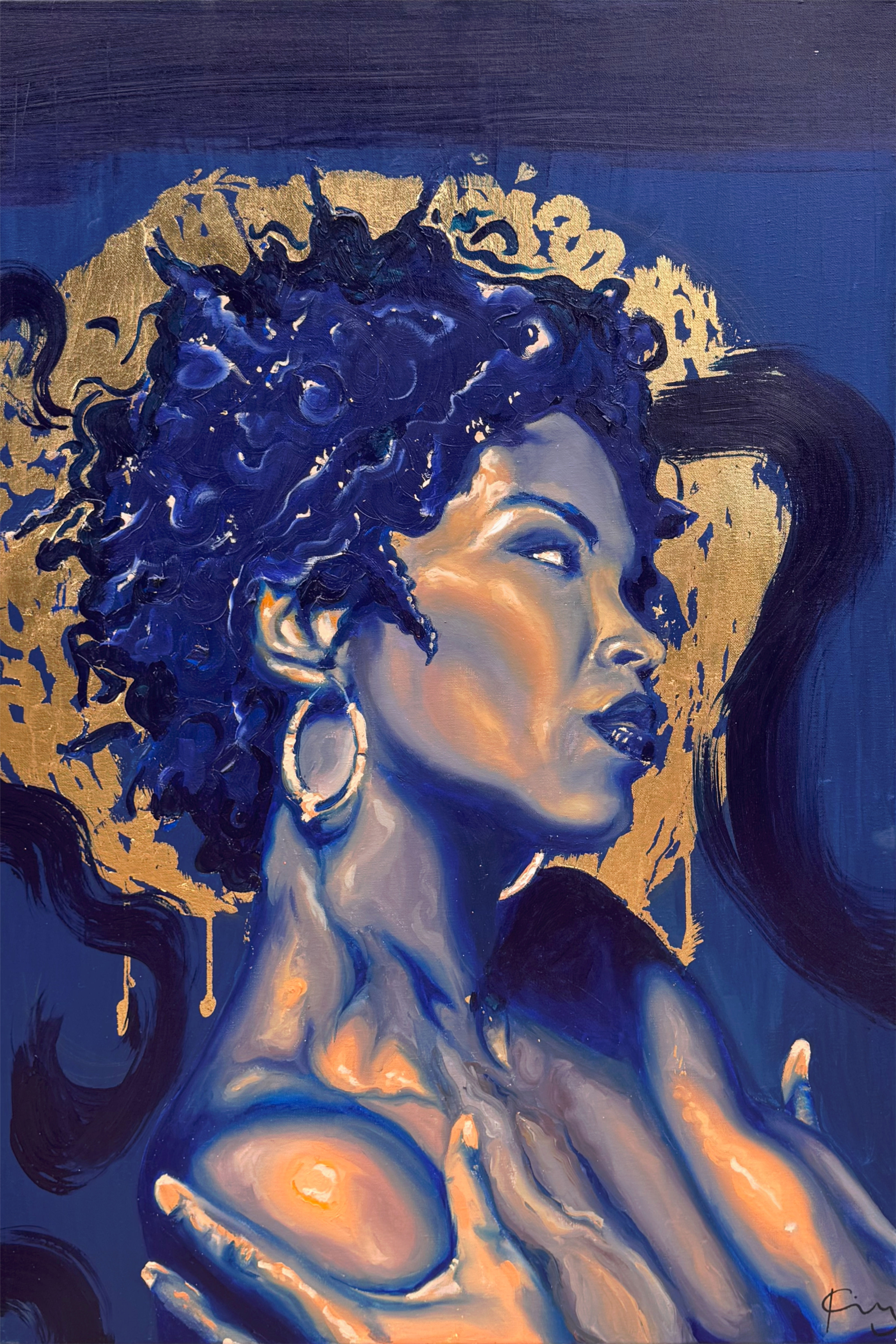 Lauryn Hill painted in blue and gold