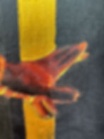 Abstract painting with golden stripe and fiery red shapes