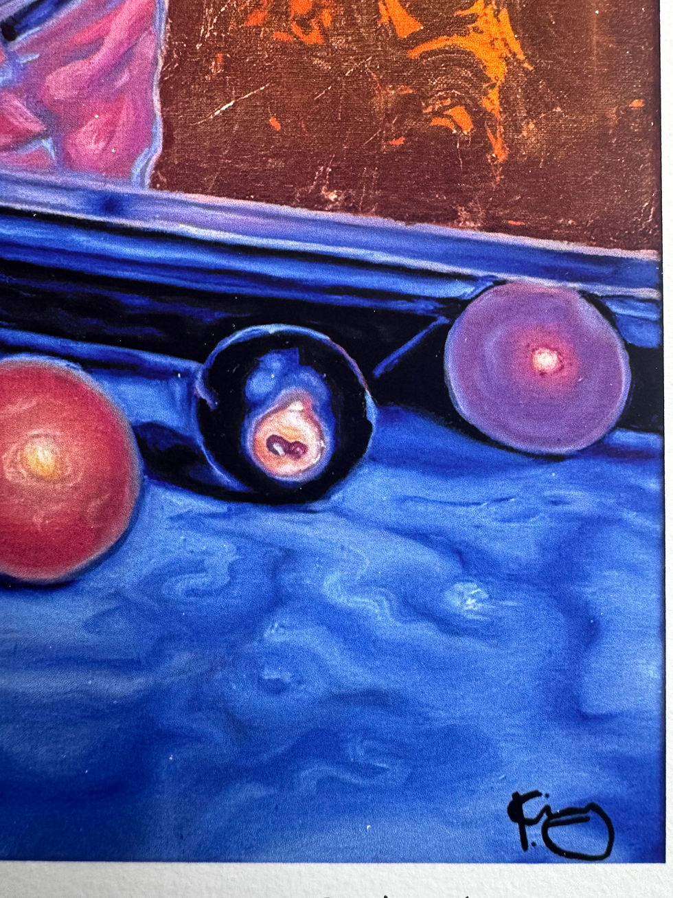 Thumbnail: Cue the Blues giclée print: red, 8-ball, purple pool balls on blue