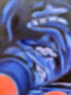 Abstract blue painting with textured strokes and orange detail