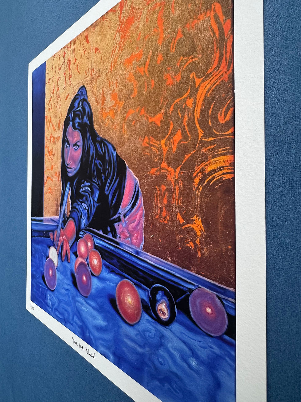 Thumbnail: Amy Winehouse aiming a pool cue, limited edition giclée print.