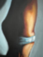 Painting of a human thigh with light blue fabric band