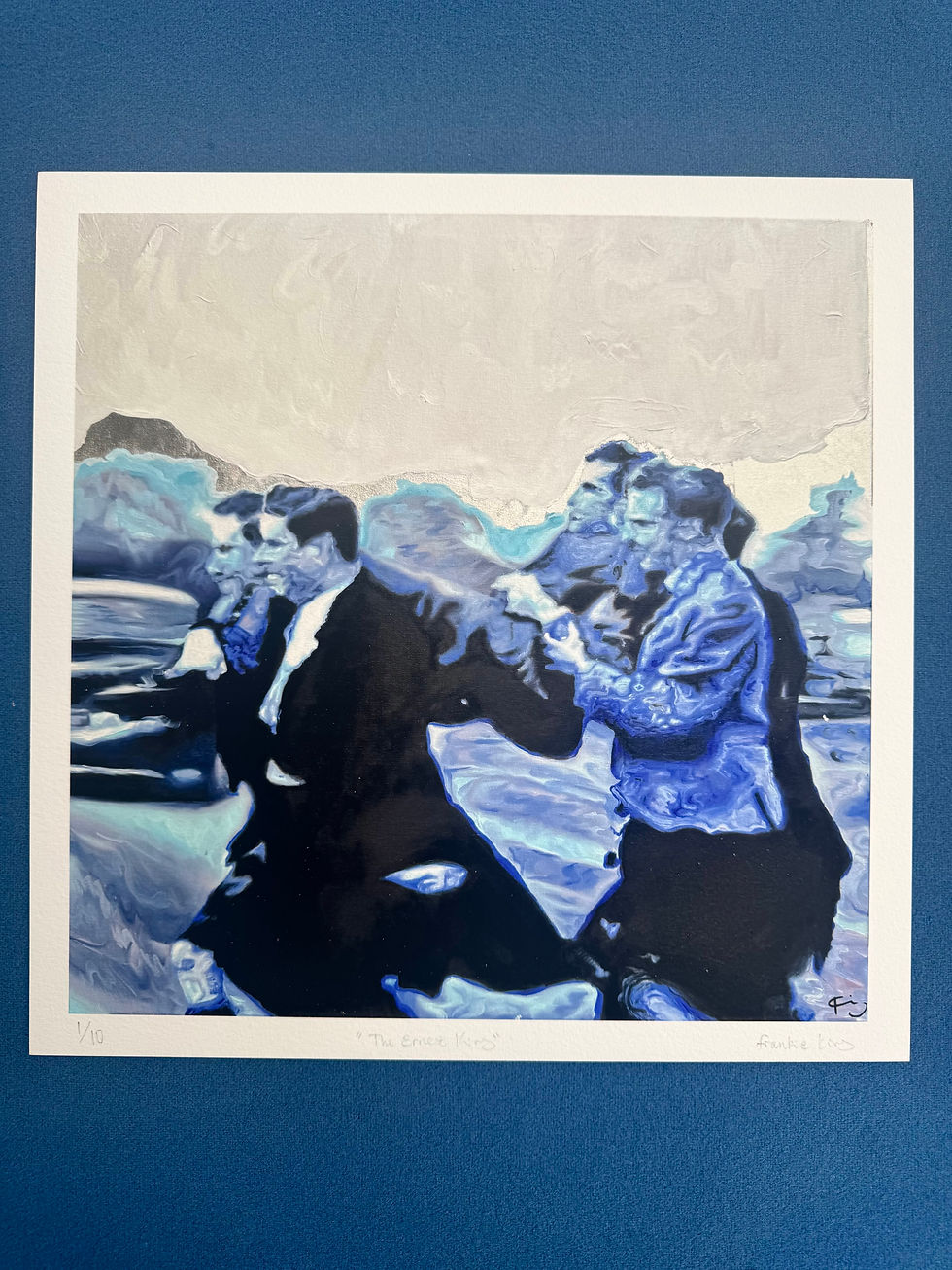 Thumbnail: Stylized blue and white print of men in suits and kilts