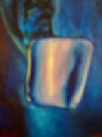 Abstract painting with glowing blue and yellow shape