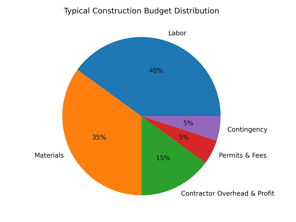 A simplified example of how construction budgets are typically distributed between labor, materials, contractor overhead, permits, and contingency.
