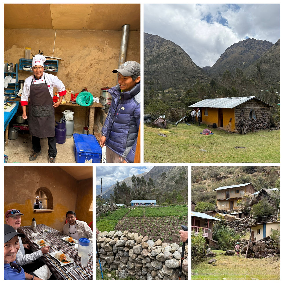 From top left, clockwise: Rolando and Saul cooking lunch; the kitchen/dining hall; the family home and buildings on the property (note that nothing is flat in these mountains!); the family garden; Gayle, Scott and Saul in the dining room.