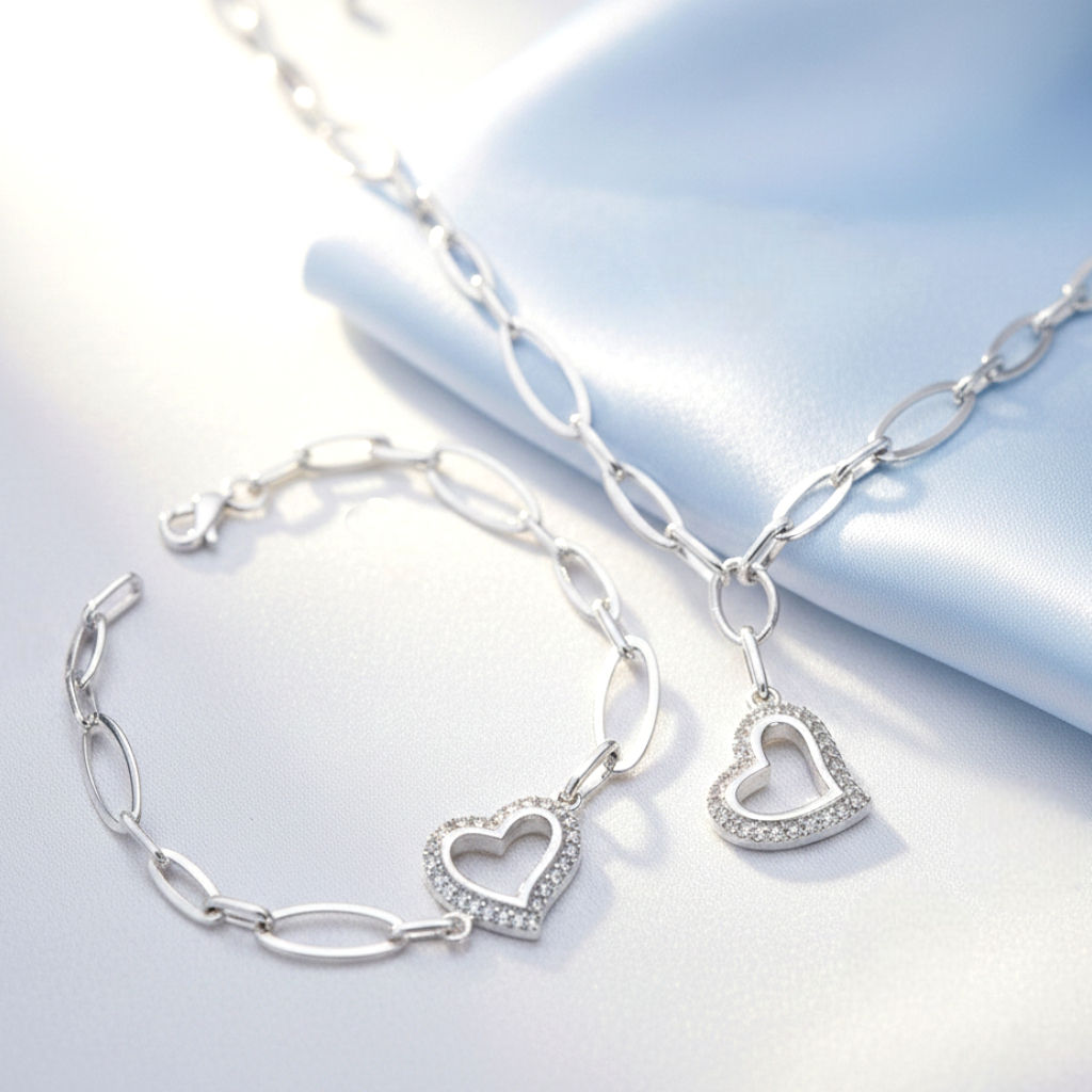 Луксозен дамски сребърен комплект Белла със сърце и бели циркони проба 925 със сертификат в стилна кутия от AngeloSilver