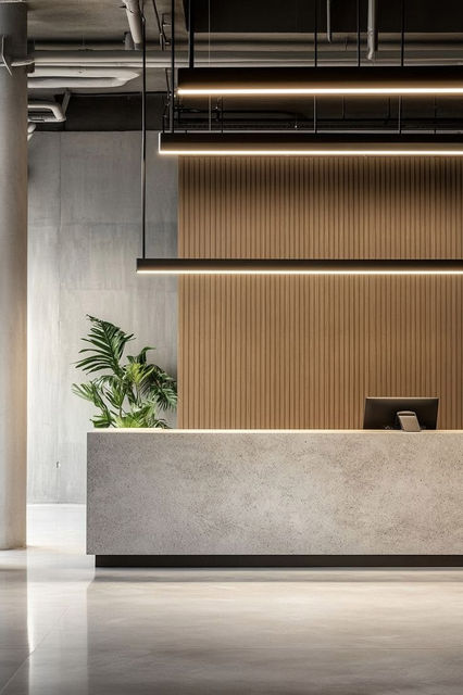 Modern mimari holding ve otel lobi karşılama resepsiyon bankosu üretimi