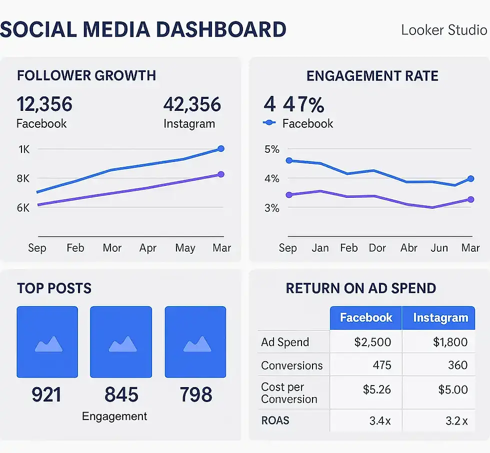 Looker Studio social media performance dashboard showing engagement rate, follower growth, and campaign ROI metrics