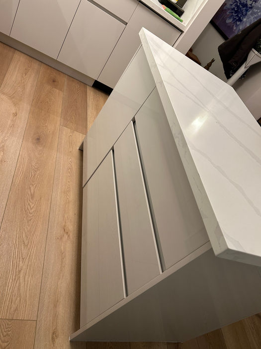 Toronto custom condo kitchen island with flat bevel edge drawers 