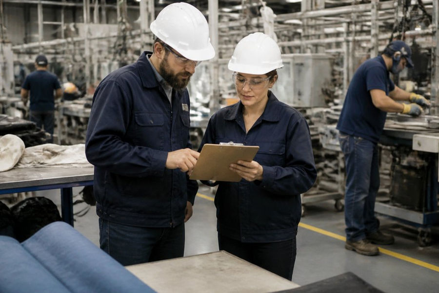 A safety manager and production supervisor wearing hard hats and safety glasses reviewing a clipboard checklist on a factory floor, with workers and machinery visible in the background