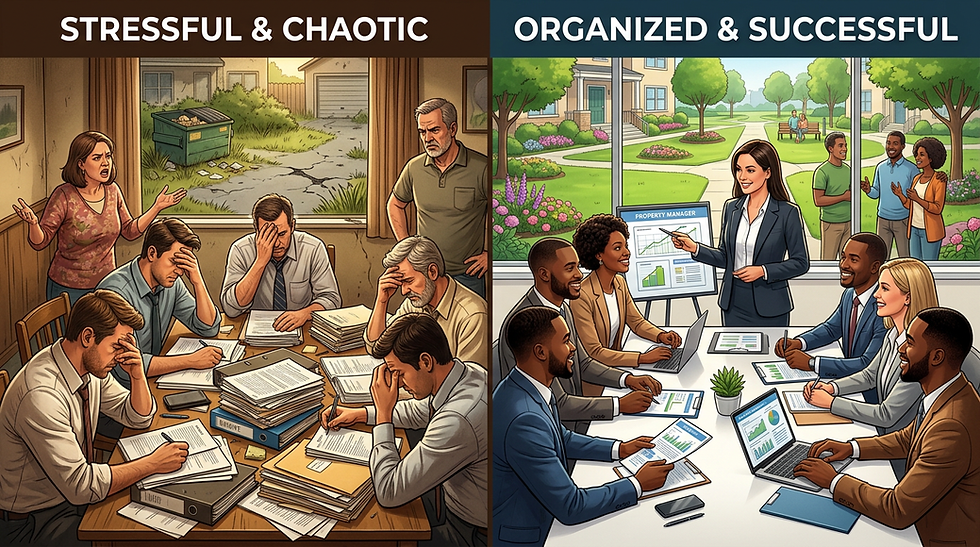Left side: An exhausted HOA board meeting with stacks of paperwork, frustrated residents, overgrown landscaping, and maintenance issues. Right side: A clean, attractive community with manicured landscaping, smiling neighbors, organized board members reviewing reports, and a professional property manager leading the meeting.