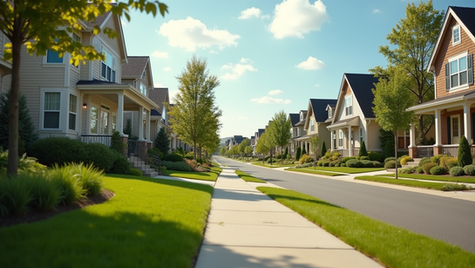 Photo shows a suburban neighborhood with single homes in a row, front lawns and driveways