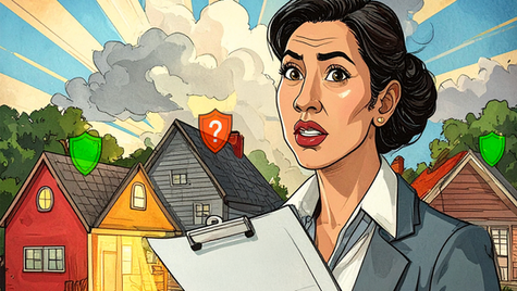 Woman in a suit holds a clipboard, looking concerned. Colorful houses with insurance shield icons in the background, sunrays through clouds.