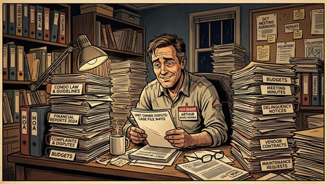 A board member swamped with files, folders, and paperwork